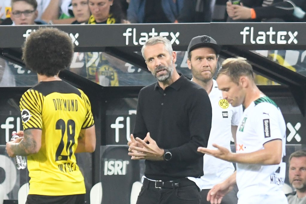 Dortmunds Trainer Marco Rose (M) gibt Axel Witsel (l) Anweisungen.