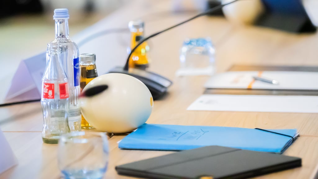 PRODUKTION - 10.10.2021, Sachsen-Anhalt, Magdeburg: Ein Straußenei liegt bei der Konferenz der CDU/CSU-Fraktionsvorsitzenden aus Bundestag und Landtagen sowie der CDU/CSU-Gruppe in der EVP-Fraktion (FVK) im Konferenzsaal auf einem Tisch. (zu dpa Extra "Sachsen-Anhalts CDU zeigt auf Konferenz «dicke Eier»") Foto: Christoph Soeder/