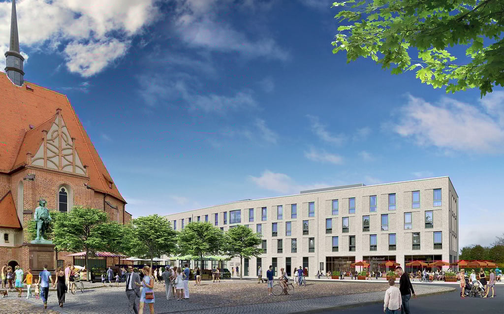 So plant die Getec-Gruppe das neue Hotel am Schloßplatz. Die Fassade soll durch die Klinkerbauweise und Ecken weniger massiv wirken.