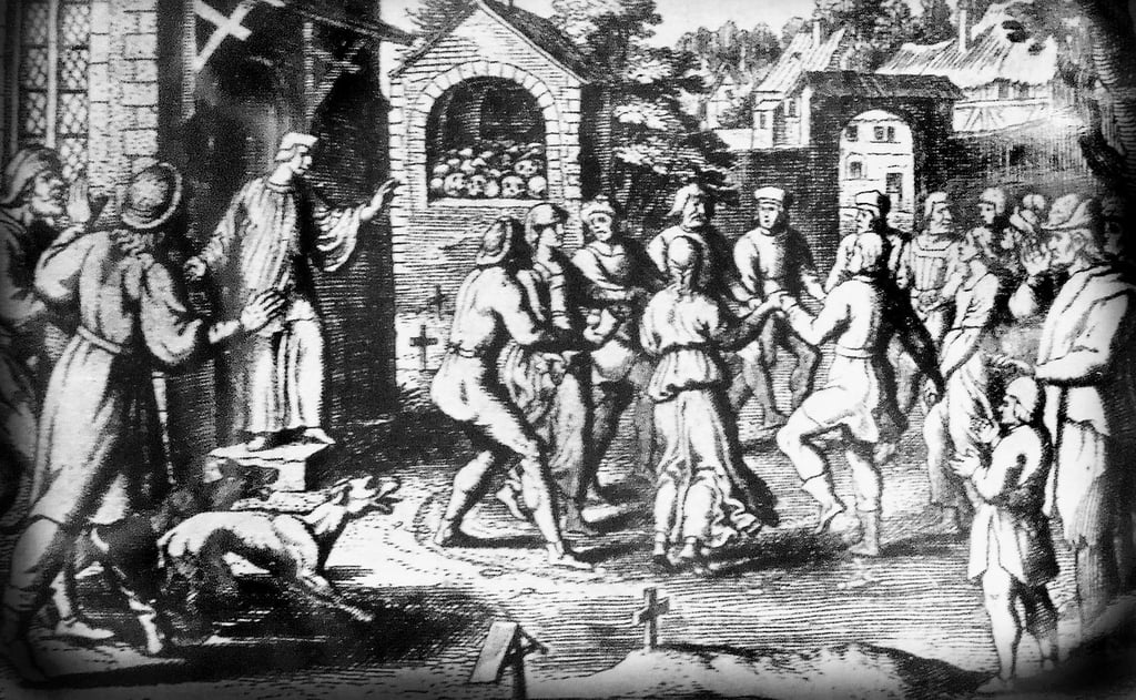 Kupferstich über das Tanzwunder in Cölbigk: Bauern in Tanz- und Feierlaune stören 1020 oder 1021 den Weihnachtsgottesdienst so sehr, dass Priester Rupertus sie bestrafte. Ein Bischof erlöste die Tänzer von ihrem Fluch.