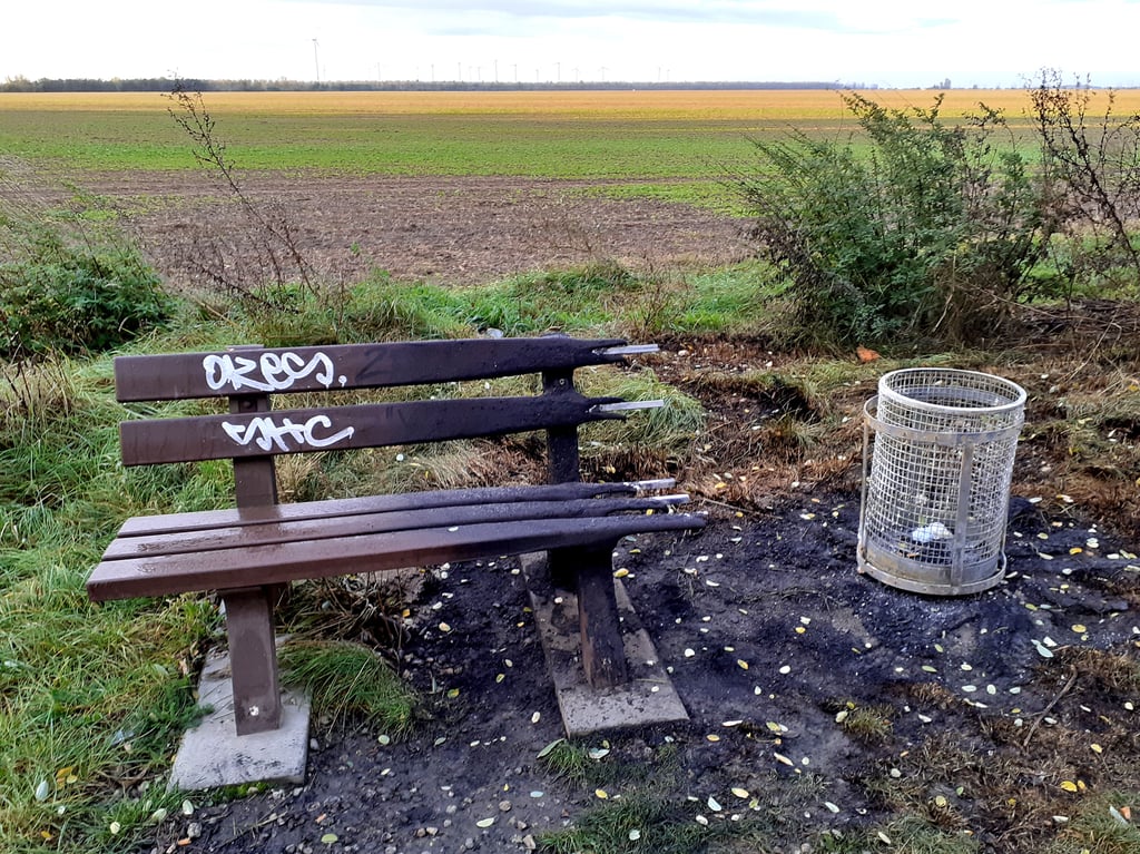 Vandalen haben am neuen Radweg Ramsin-Zscherndorf eine Sitzbank samt Müllkübel in Brand gesteckt