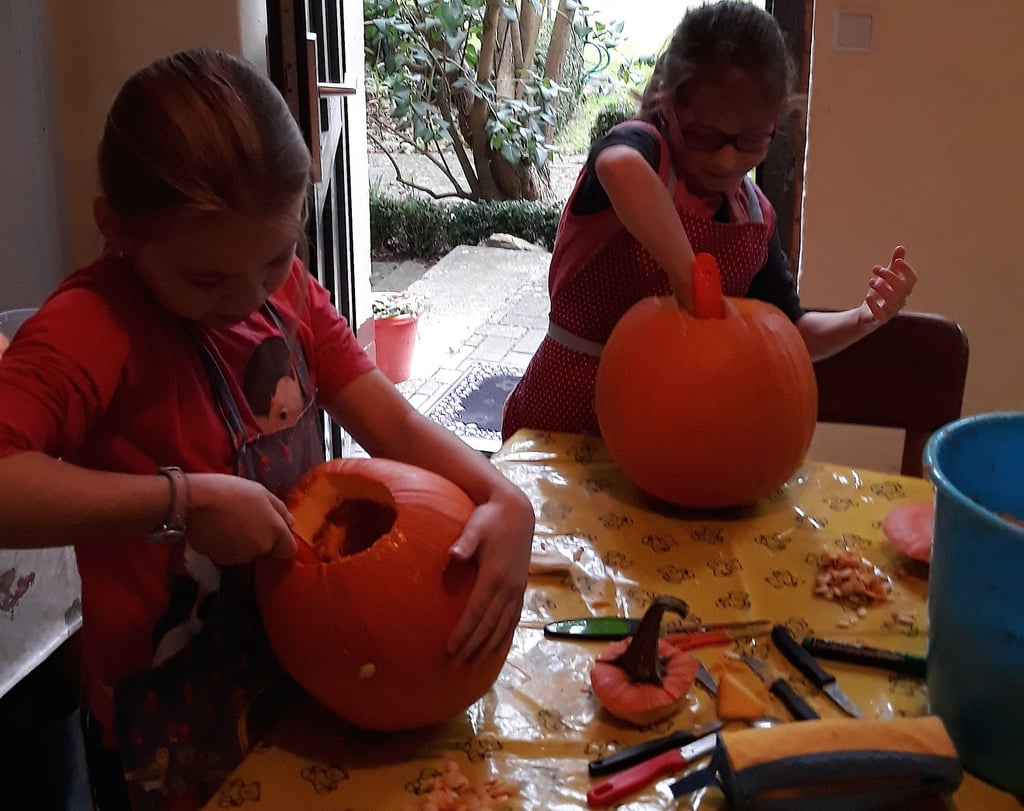 Zunächst mussten die orangenen Früchte von den Kindern ausgehöhlt werden.