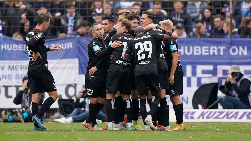 Vierfach durfte der 1. FC Magdeburg im Meppen jubeln: Dreimal über Tore - wie in dieser Szene nach dem 2:1 durch Jason Ceka, und schlussendlich über den Auswärtssieg.