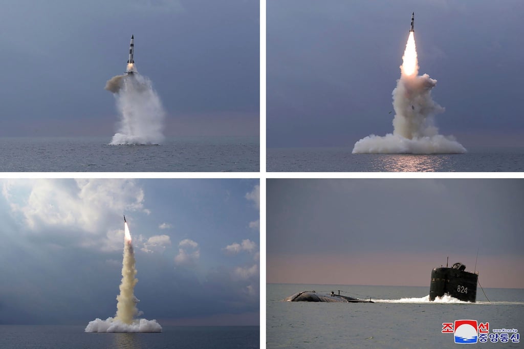 Diese Kombination von vier Fotos, die von der nordkoreanischen Regierung zur Verfügung gestellt wurden, zeigt eine ballistische Rakete, die in Nordkorea von einem U-Boot aus gestartet wurde.