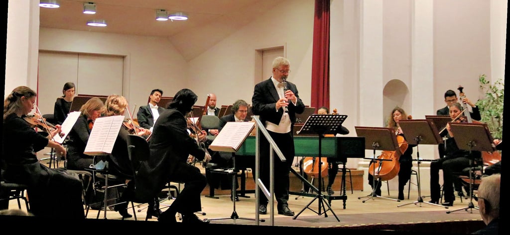 Gastdirigent Michael Schneider beim Musizieren, hinter ihm Chefdirigent Jan Michael Horstmann.