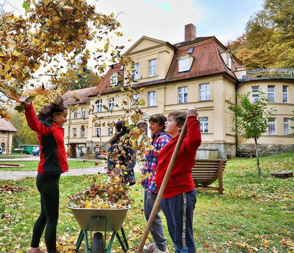 Jane, Gina, Josefin und Lennox aus der Stiftung-Kinderheim Harkerode haben Spaß beim Laubharken.