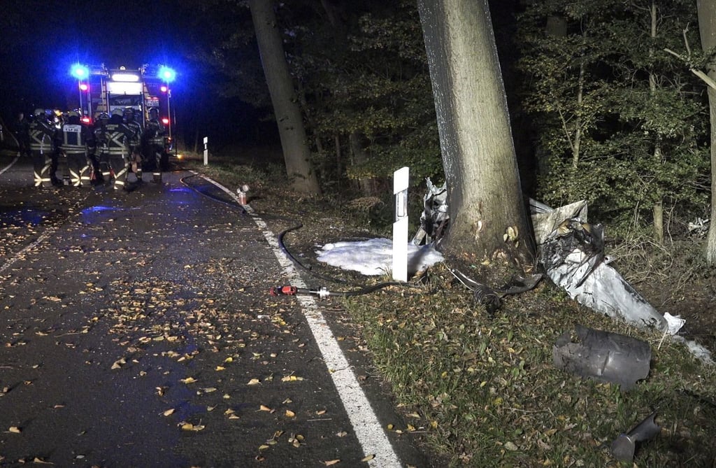 Kräfte der Feuerwehr stehen neben einem ausgebrannten Autowrack an einem Baum am Straßenrand.
