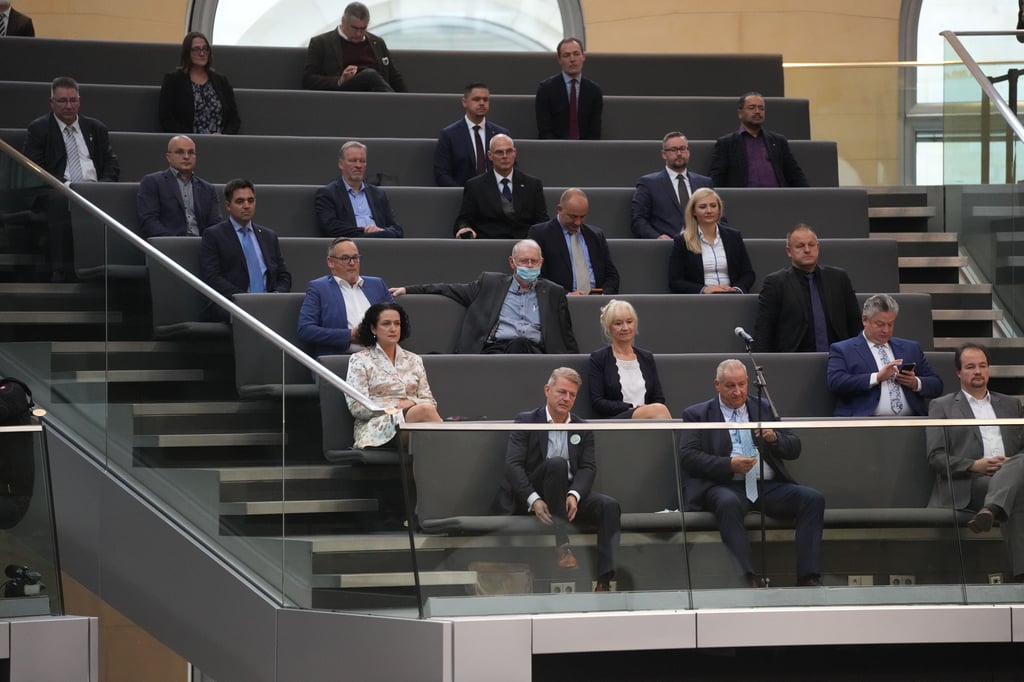 Die Abgeordneten der AfD nehmen geschlossen aus Protest gegen die 3G-Regelung auf der Tribüne Platz. In der Mitte Robert Farle mit Mundschutz.