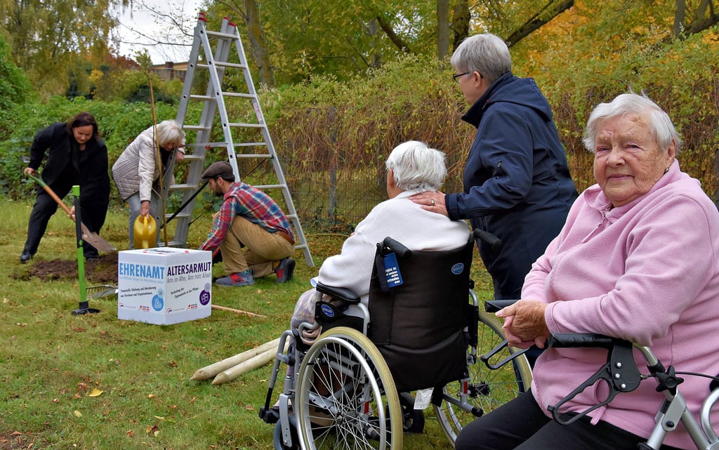 Hilde Bleile (r.) hat wie andere Senioren im Altenpflegeheim „Haus Krähenstieg"  ihre Freude, Awo-Geschäftsführerin Andrea Zander (l.)  und Ruben Herm vom Awo-Landesverband beim Pflanzen  einer Winterlinde   zuzuschauen. 