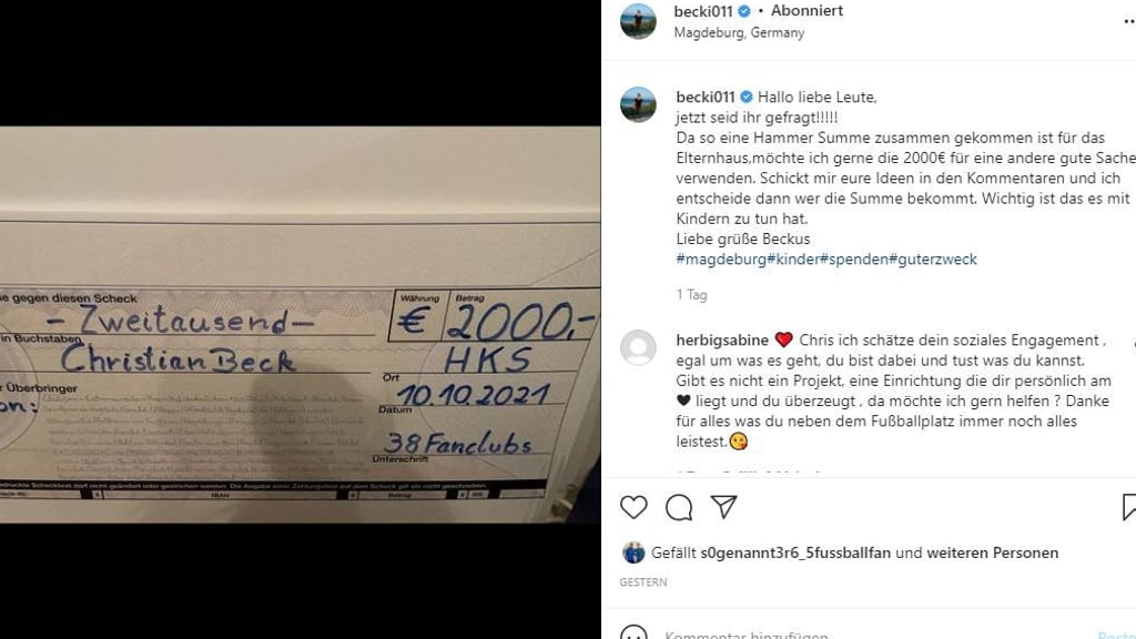 Unter dem Foto mit der abgebildeten Spendensumme 2000 Euro sammeln sich die Ideen von seinen rund 21.000 Abonnenten.