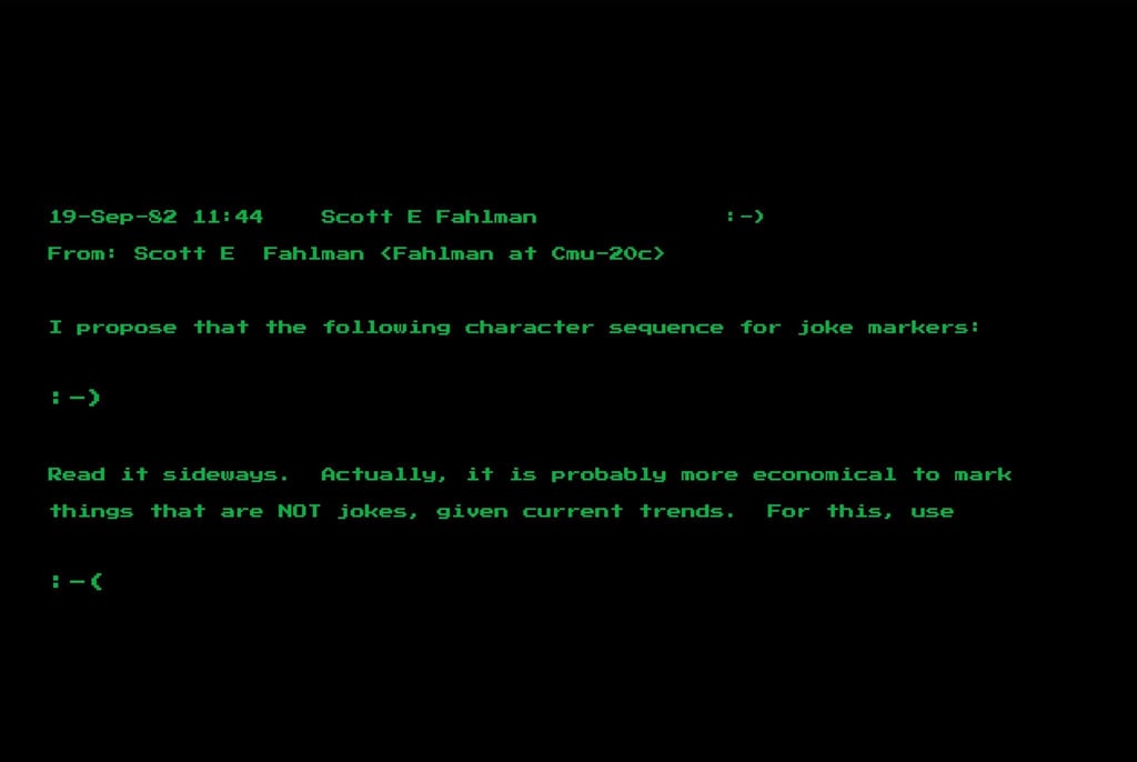 Eine Nachricht des Computerwissenschaftlers Scott Fahlman von der Universität Pittsburgh vom 19. September 1982 zeigt seinen Vorschlag der Zeichenkombination „:-)“.