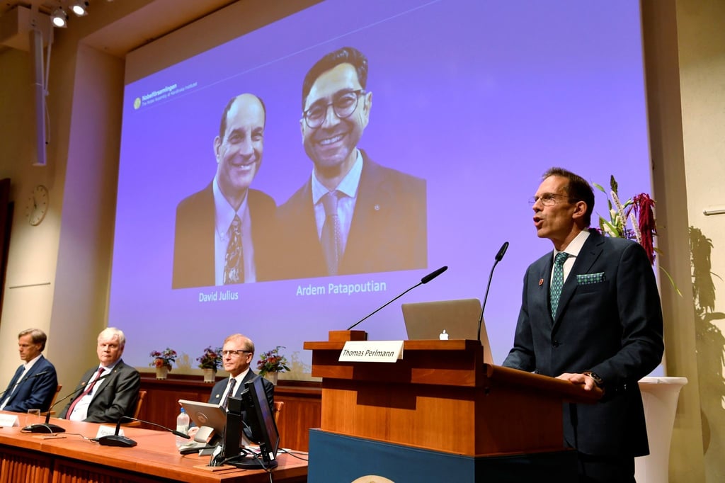 Thomas Perlmann, Sekretär der Nobelversammlung und des Nobelkomitees, verkündet die Gewinner des Nobelpreises für Physiologie oder Medizin 2021.