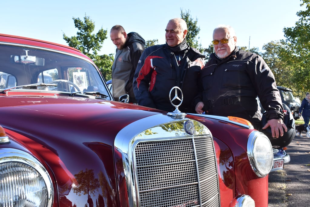 In Erinnerungen schwelgen und staunen: Dieter Brandt (Mitte) und Wolfgang Burgatzki aus Burg machten einen Männerausflug zum Genthiner Teile- und Trödelmarkt.