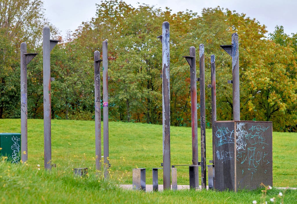 Das Gerippe eines niedergebrannten Holzpavillons am Rande eines Bolzplatzes in Magdeburg. In der Landeshauptstadt gibt es eine deutliche Zunahme der Vandalismusdelikte.