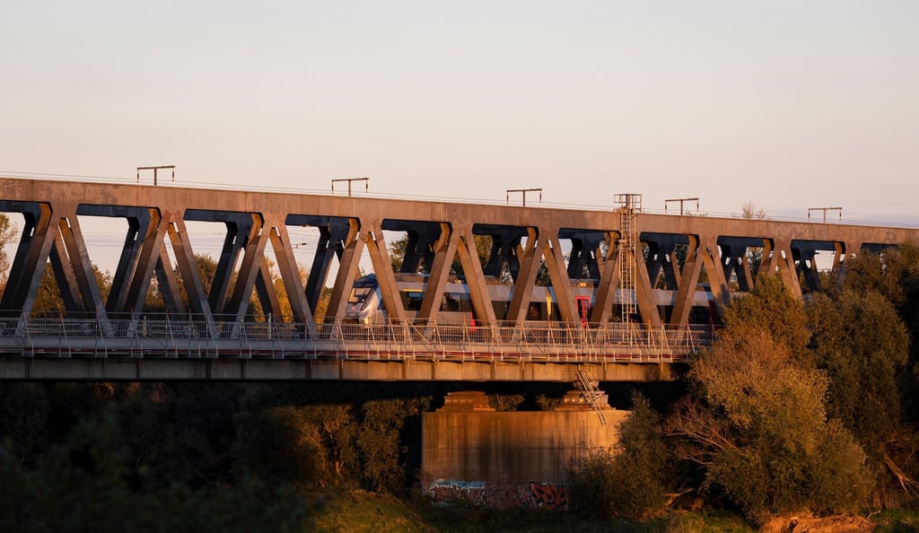 Ein Regionalzug fährt über die Herrenkrug-Eisenbahnbrücke in Magdeburg.
