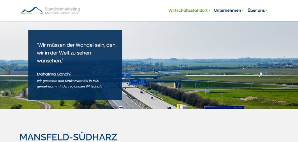 Screenshot der internetseite der Standortmarketinggesellschaft Mansfeld-Südharz
