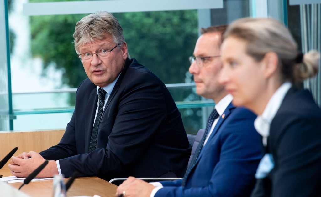 Jörg Meuthen (r) neben Tino Chrupalla und Alice Weidel.