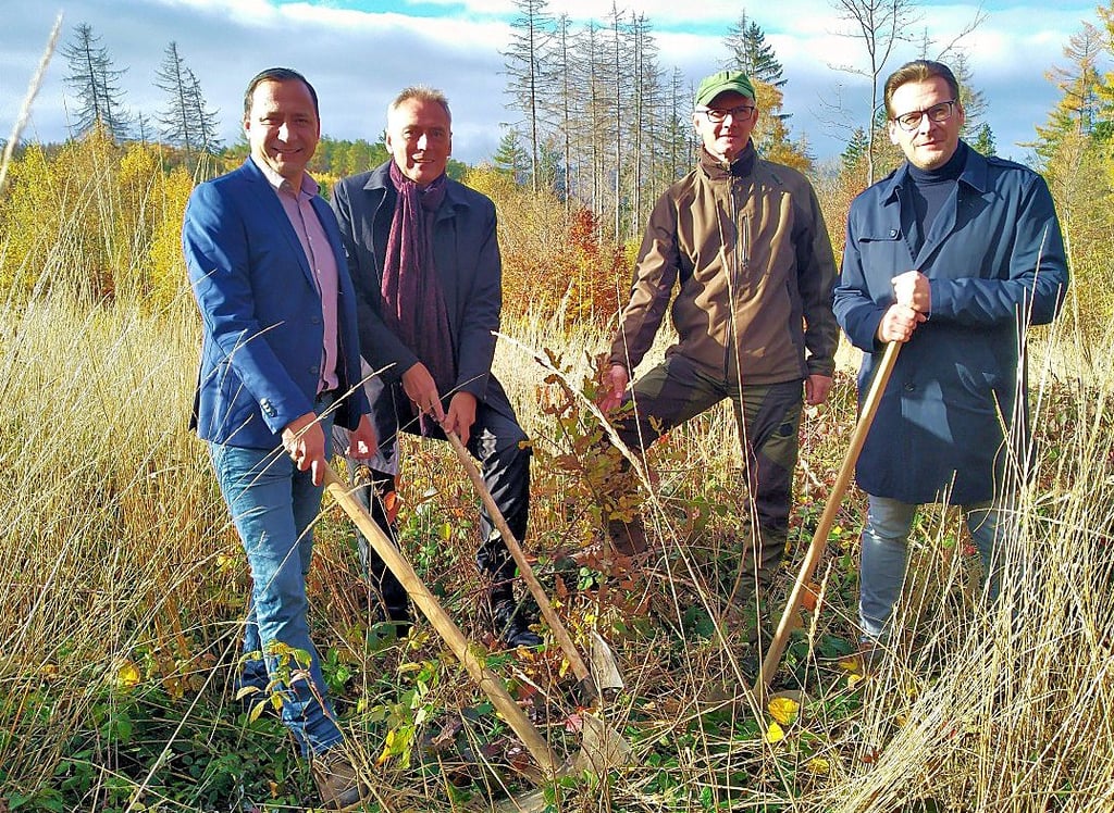 Auf den Auftakt für viele Aufforstungsaktionen im Wernigeröder Stadtwald freuen sich (von links): Hasseröder-Vertriebsleiter Christian Neuhäuser, Oberbürgermeister Peter Gaffert, Stadtförster Michael Selmikat und Stadtbetriebsamtsleiter Tobias Kascha.