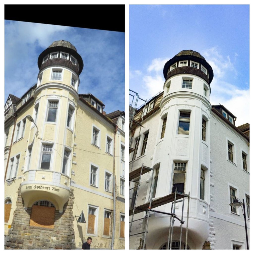 Von der Sanierung hatte die Fassade einen gelben Farbton mit weißen Konturen. Auch der Schriftzug "Hotel Goldener Ring" ist auf der Aufnahme von 2014 gut zu erkennen (links). In einer Nacht- und Nebelaktion sind diese markanten Details einfach übermalt worden, bedauert die Stadt (rechts).