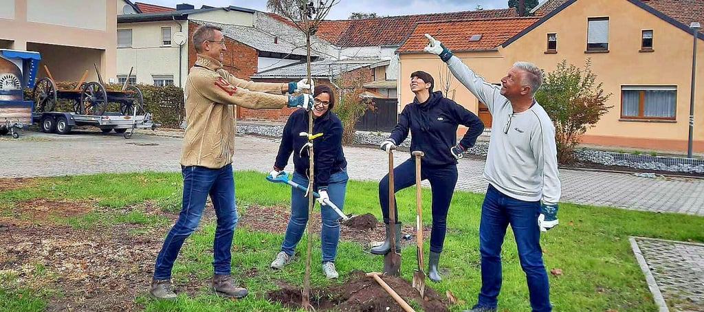 Matthias Ocklitz (v.l.), Doreen Stengel, Henrike Meyer und Heiko Schulz pflanzen an mehreren Standorten in Calvörde und in Velsdorf Obstbäume. Dabei kamen die Mitarbeiter des Unternehmens AstraZeneca nicht nur mächtig ins Schwitzen, sondern sie hatten auch sichtlich viel Spaß.