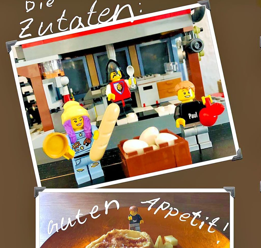 Ein Ausschnitt aus dem Rezeptblatt, das Paul Hoffmann mit Fotos von Legofiguren gestaltet hat. Da ist das Nachkochen kinderleicht.