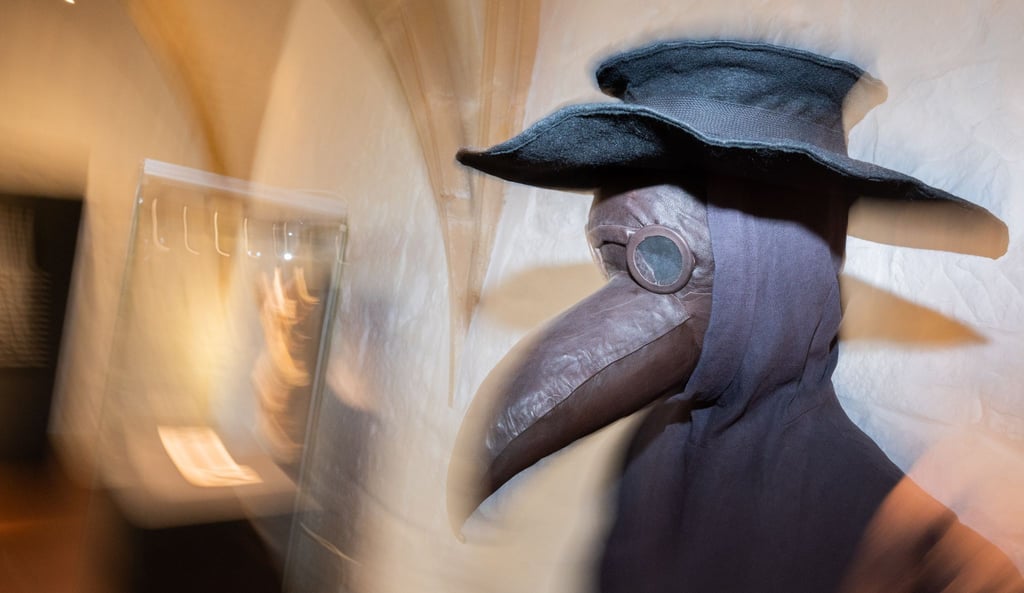 Die Figur eines Pestdoktors mit einer Schnabelmaske steht im Roemer- und Pelizaeus-Museum Hildesheim (RPM) in der Sonderausstellung "Seuchen. Fluch der Vergangenheit - Bedrohung der Zukunft".