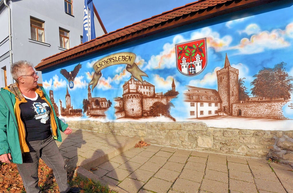 Kerstin Ziegner gestaltete diese oft mit Gaffiti besprühte Grundstücksmauer in der Johannispromenade mit Aschersleben-Motiven.