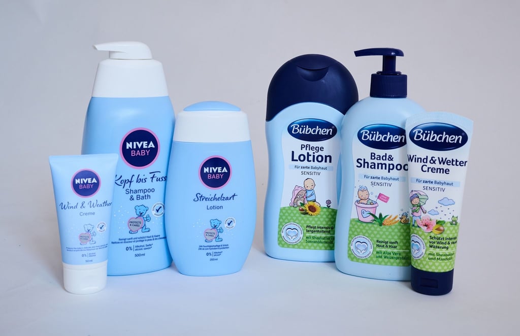 Unterschiedliche Pflege-Produkte für Babys der Marken Bübchen und Nivea.