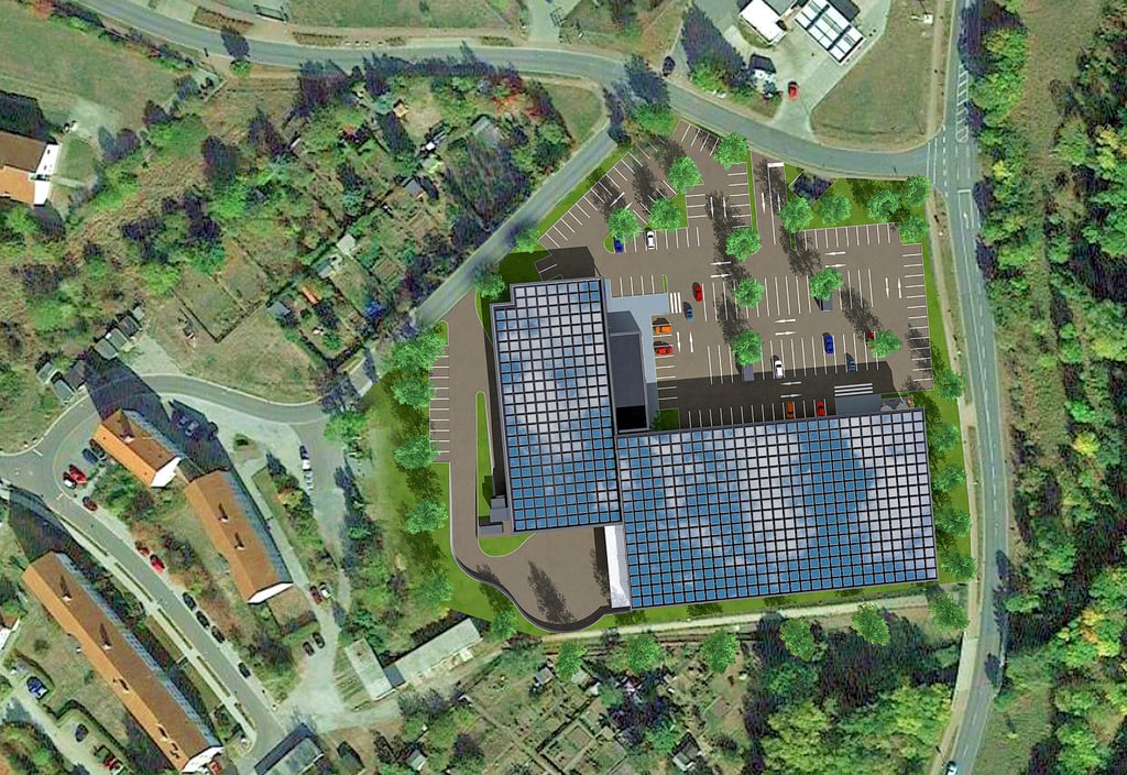 So soll es auf dem Gelände am Ilsenburger Apfelweg einmal aussehen. Drei Einlaufsmärkte mit Photovoltaik-Anlage und etwa 170 Parkplätze entstehen dort neu.