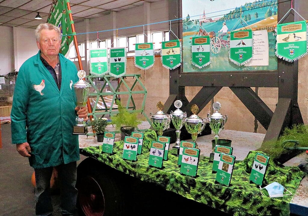 Günter Schütze hat in diesem Jahr den Pokal des Bürgermeisters von Zahna-Elster erhalten und wurde Vereinsmeister bei den großen Hühnern und den Tauben. Doch wie an den ausgestellten Preisen zu sehen ist, konnte in der Schau des Rassegeflügelvereins Zahna und Umgebung etliche Züchter geehrt werden.