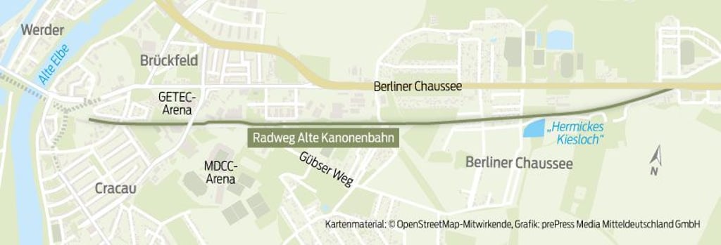 Verlauf des Kanonenbahn-Radweges im Osten Magdeburgs.