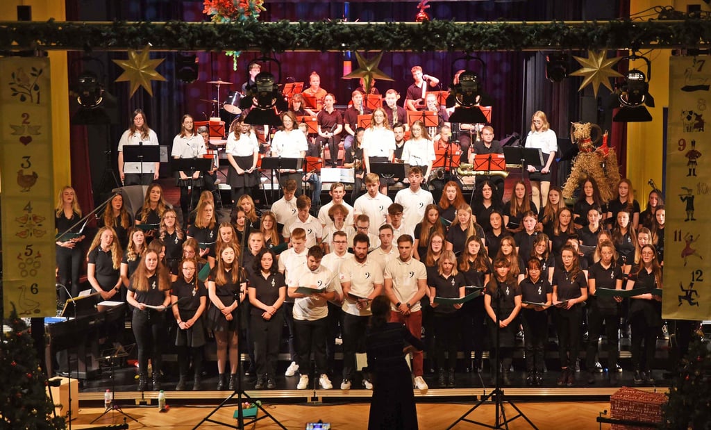 Stephaneer-Chor, Bigband und Stadtpfeifer gaben im Bestehornhaus gemeinsam ein Konzert, das auf der Facebook-Seite der MZ zu sehen ist.