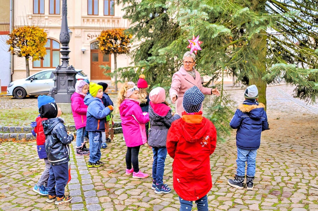 Die Knirpse der Kindertagesstätte „Sarrezwerge“ sind zum Marktplatz von Wanzleben gekommen, um den Weihnachtsbaum zu schmücken.