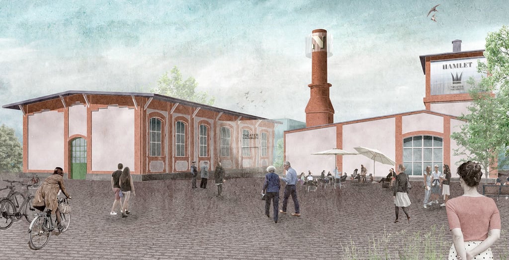 Die beiden Bestandshallen, verbunden durch einen Glas-Neubau, mit Ansicht vom Markgrafenweg: So könnte im Spätsommer 2023 der neue Naumburger Theater-Standort am ehemaligen Schlachthof aussehen.