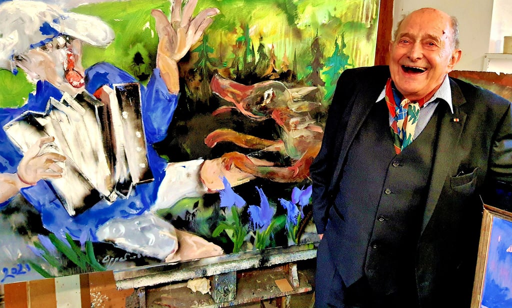 Der Harzer Maler Karl Oppermann (91) vor seinem neuesten, noch unvollendeten Werk.