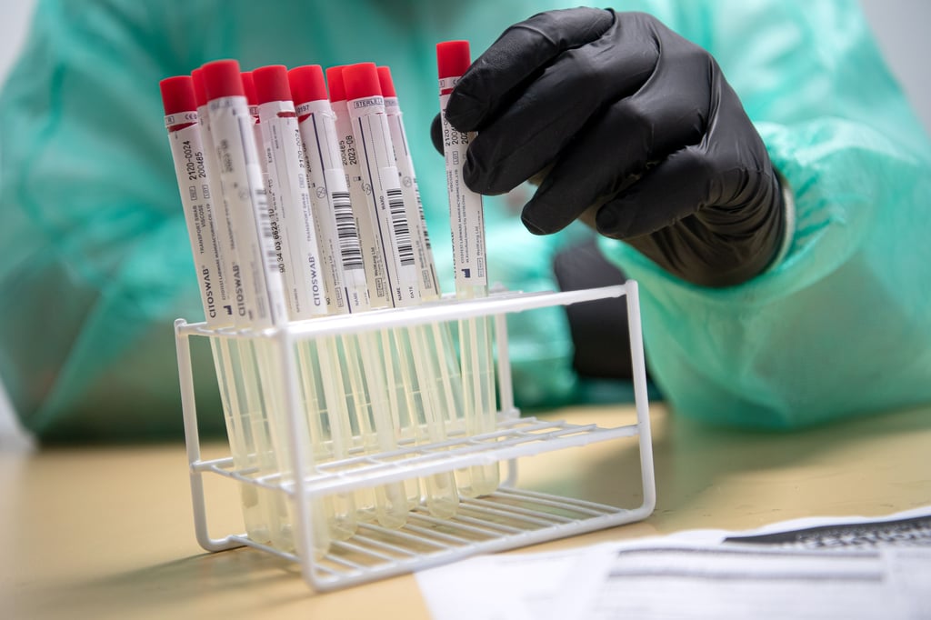 Proben für einen PCR-Test werden von einem Mitarbeiter in einem Corona-Testzentrum sortiert. Fällt ein solcher PCR-Test bei einer Person im Salzland positiv aus, muss diese nicht nur ihre Kontakte bennenen und an das Gesundheitsamt übermitteln, sondern diese auch selber benachrichtigen.