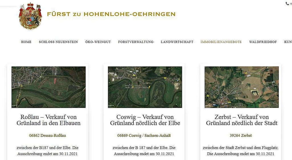 Drei der Kaufangebote auf der Webseite des Fürsten