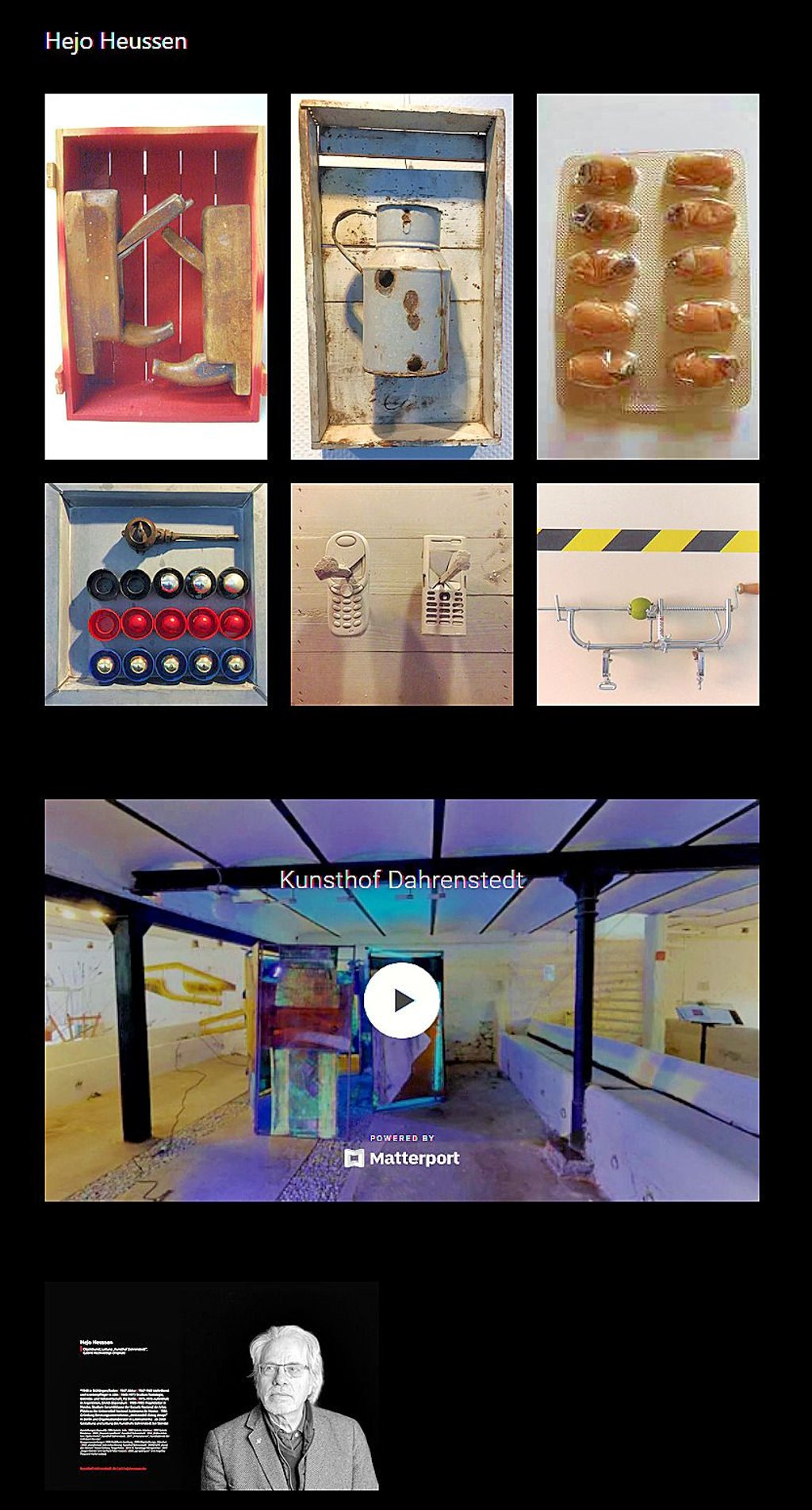 Ein Ausschnitt der Webseite – hier Werke von Hejo Heussen, eine 360°-Aufnahme vom Kunsthof Dahrenstedt sowie Informationen zum Künstler und Auszüge aus den Interviews.