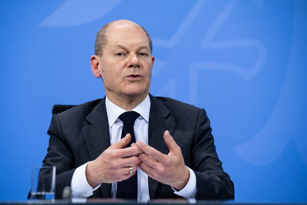 Bundeskanzler Olaf Scholz nach den Beratungen zur Corona-Pandemie.
