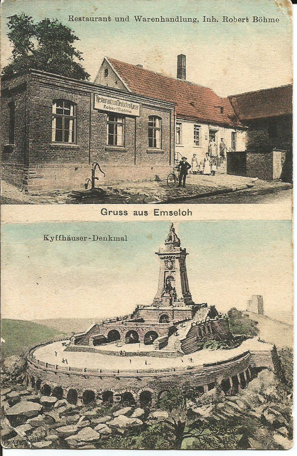 Diese Karte zeigt das Restaurant von Robert Böhme. Obwohl ein ganzes Stück von Emseloh entfernt, ist auch der Kyffhäuser zu sehen.