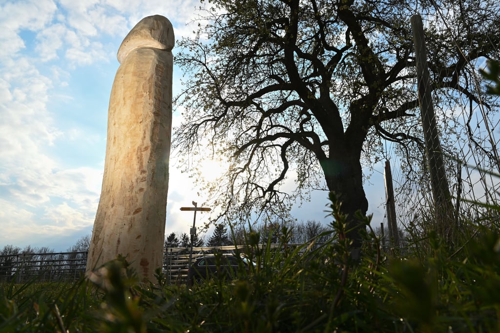 Ein hölzerner Penis steht am Rand eines Aussichtspunktes auf einer Anhöhe bei Ravensburg-Taldorf.