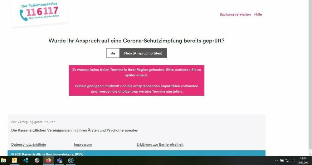 Die Website der Impfterminvergabe meldete stets, dass keine Termine zu haben sind.