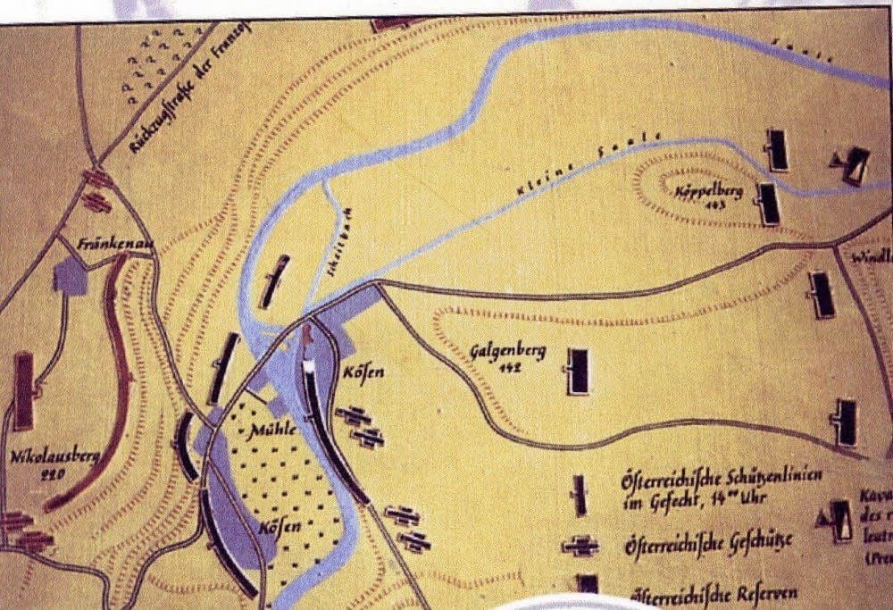 Die Karte zeigt die Stellungen der Verbündeten oberhalb Kösens, die kaiserlichen Truppen befanden sich im Tal, ihr Rückzug erfolgte über Fränkenau.