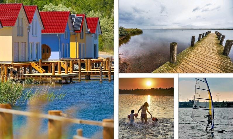 Sie gehören zu den idyllischsten Fleckchen im Saalekreis: die Marina in Mücheln am Geiseltalsee (l.), der Wallendorfer See (r.o.), die Hasse bei Roßbach, wo man auch bei Sonnenuntergang baden kann (klein l.), und der Rattmannsdorfer Teich bei Hohenweiden, wo sich die Surfer wohlfühlen. Fotos: K. Sieler (2)/P. Wölk (2)