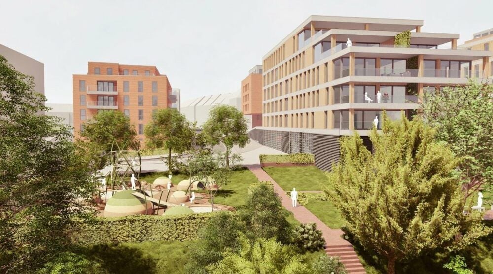 Diese neue Visualisierung soll den Blick in die „Saalegärten“ zeigen, wie ihn sich die Architekten vorstellen. Mindestens einer der geplanten Spielplätze im neuen Quartier wird öffentlich nutzbar sein, verspricht der Investor.