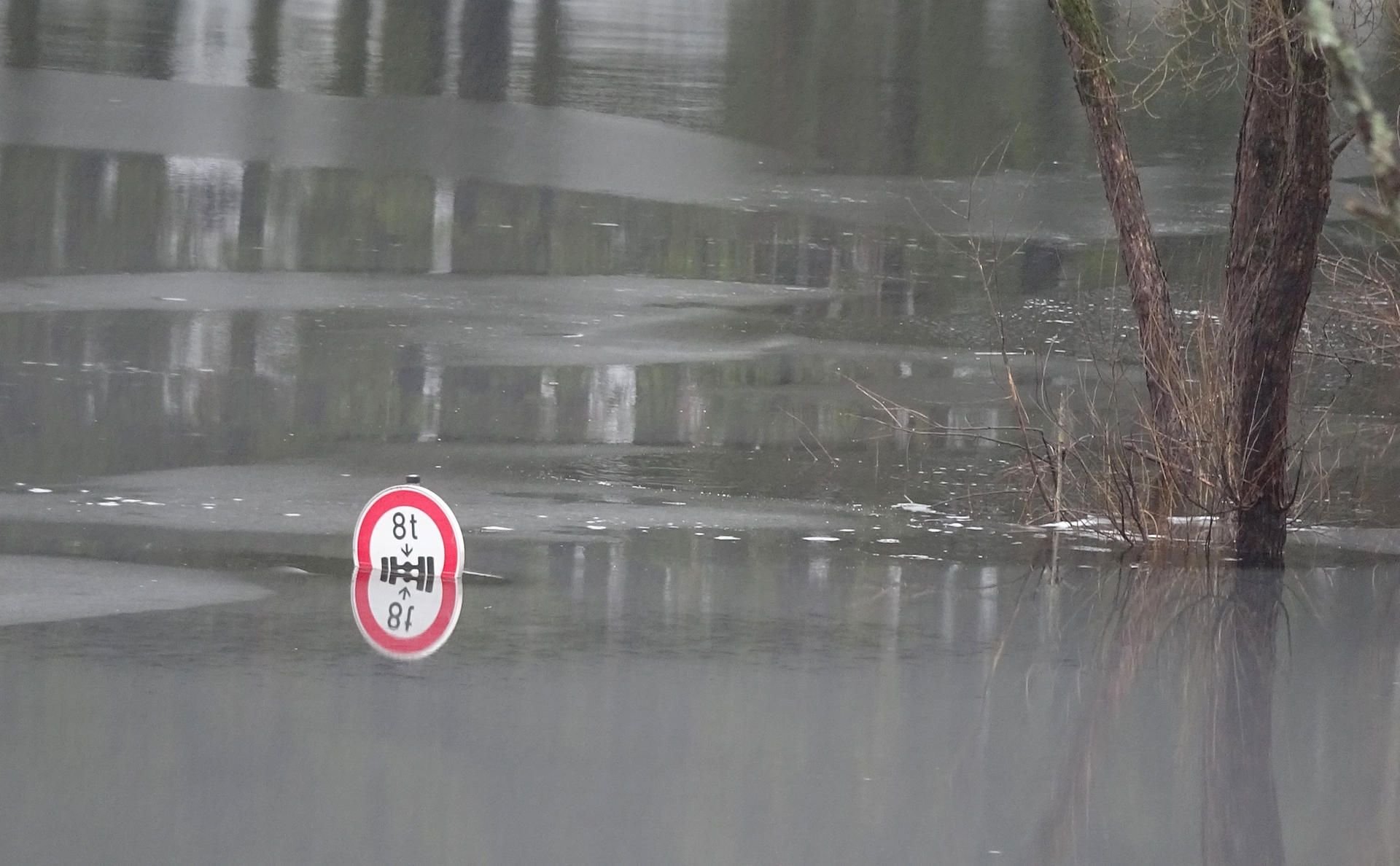Illsutration: Ein Schild steht im Januar 2019 in einem Überflutungsgebie im Wasser. Für die Flüsse Bode, Ilse und Weiße Elster gilt aktuell eine Hochwasserwarnung.