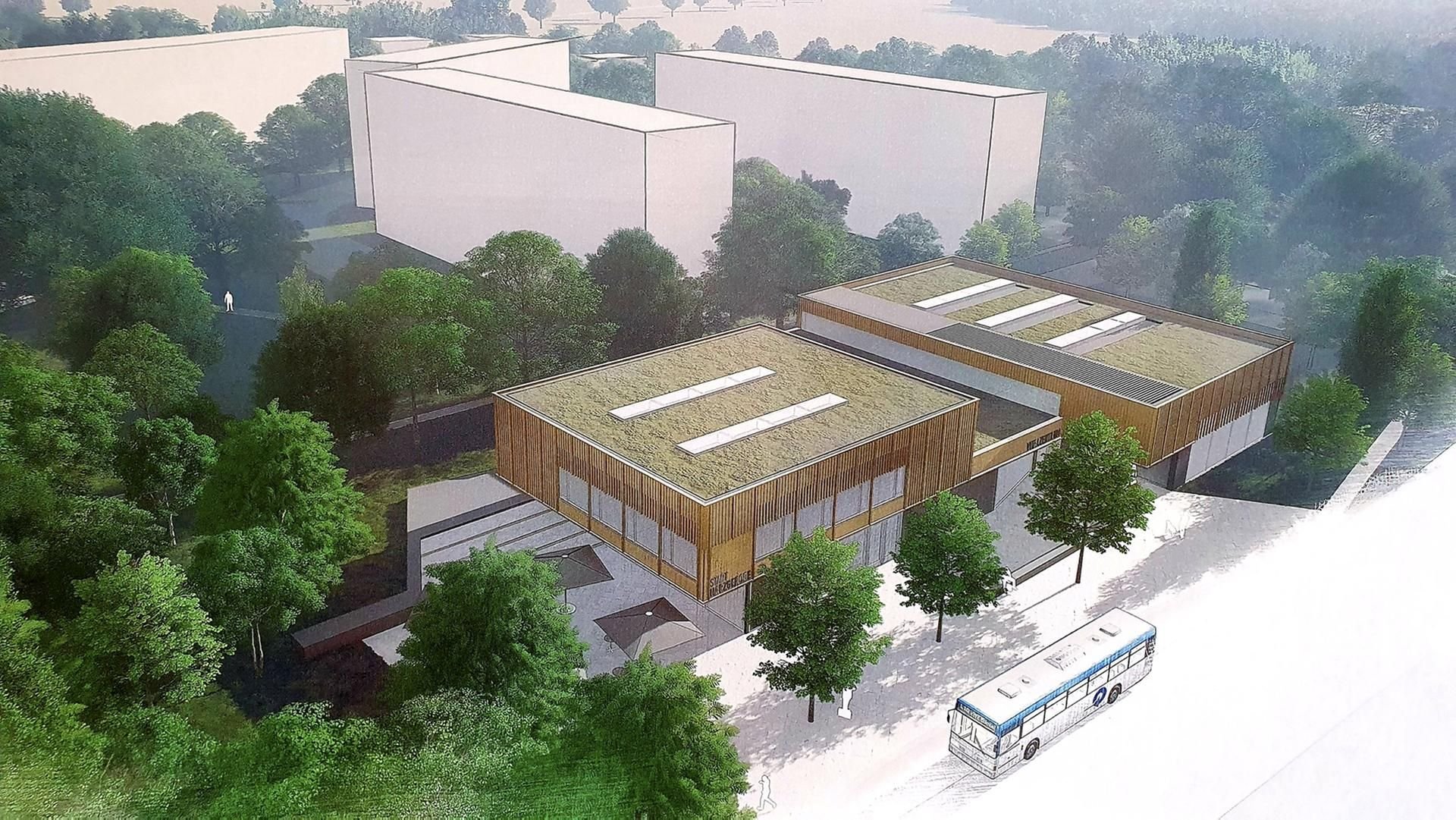 So soll es einmal aussehen: Im Gebäudekomplex in der Friederikenstraße in Harzgerode werden sich Hallenbad und Quartierstreff befinden.