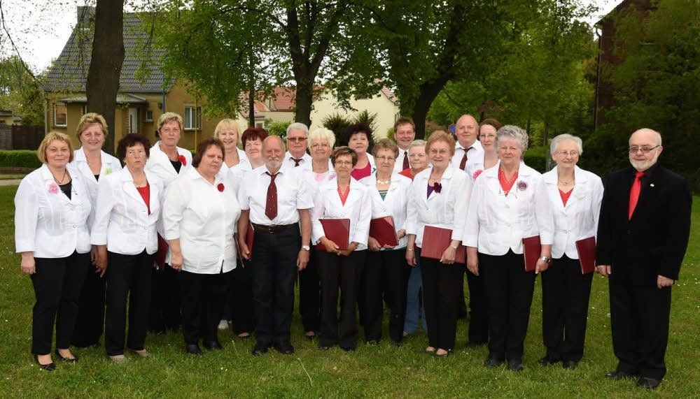 Der Gemischte Chor Stößen vor seinem Auftritt zum 18. Frühlingsfest. Musikalisch geleitet wird er von Rudolf Holstein (rechts). Als Chorvereinsvorsitzende fungiert Ingeborg Schröter (4. von links)