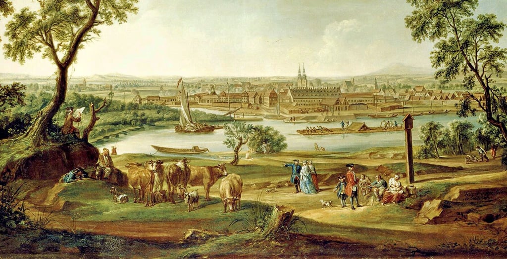 Das Gemälde (1760/Ausschnitt) von Gottfried Hampel zeigt Schönebeck mit Flößen auf der Elbe, im Hintergrund die alte Saline.