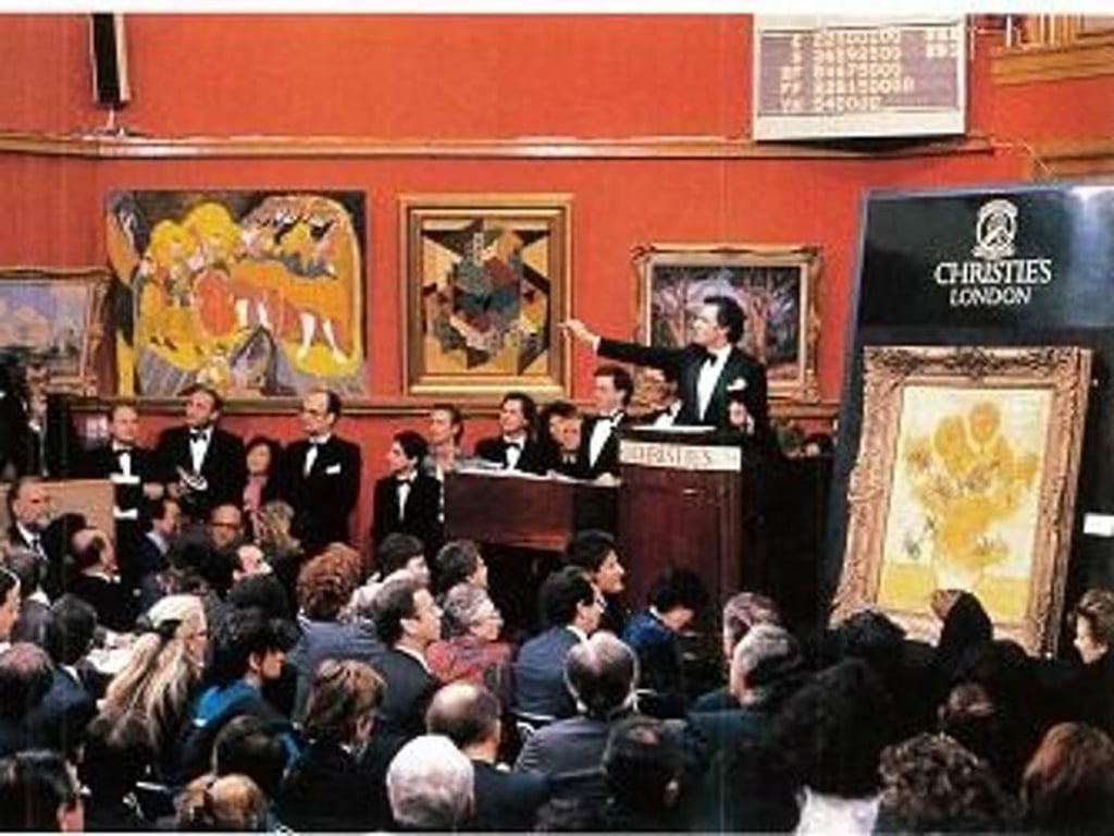 Ein Sonnenblumen-Gemälde von Vincent van Gogh wird am 30.03.1987 im Londoner Auktionshaus von Christie's versteigert. Foto: Christie's Images Ltd
